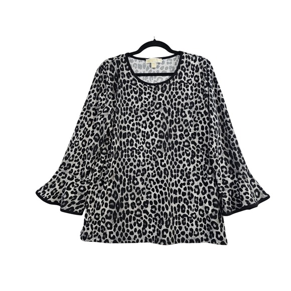 Michael Kors Tops - Michael Kors Top Womens XL Gray Leopard Pattern Bell Sleeve Crew Neck Blouse EUC